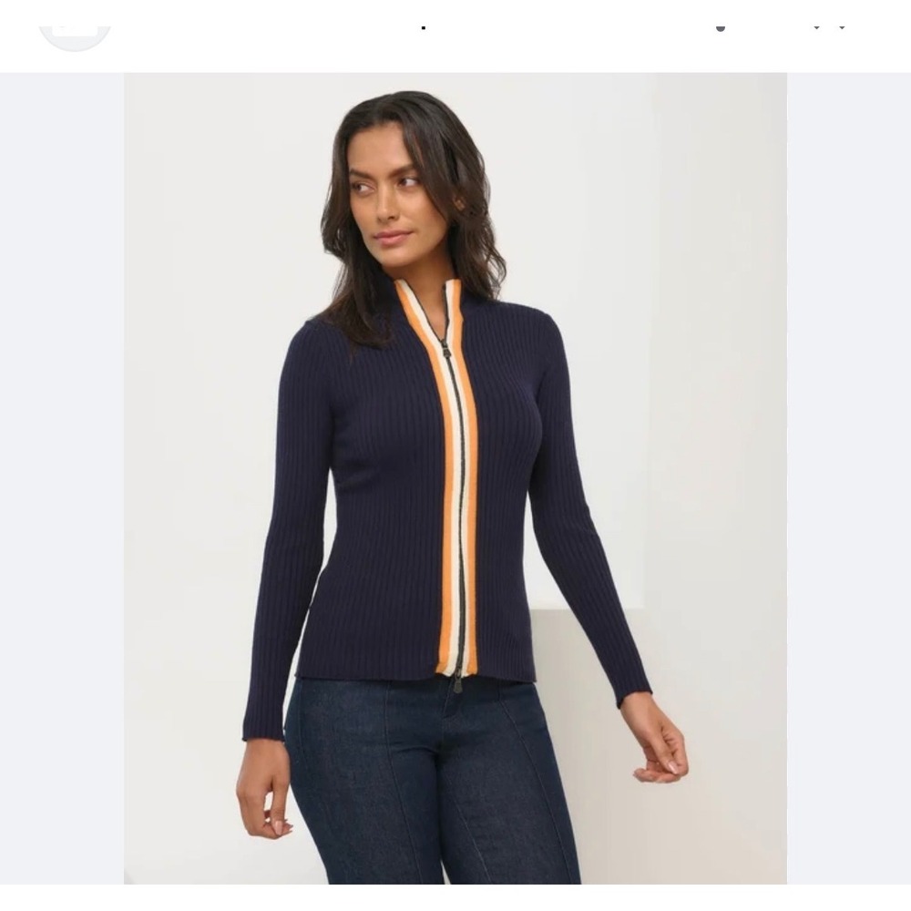 Anatomie Charlize Full Zip Ribbed Sweater Navy Blue Orange Stripe Women Small